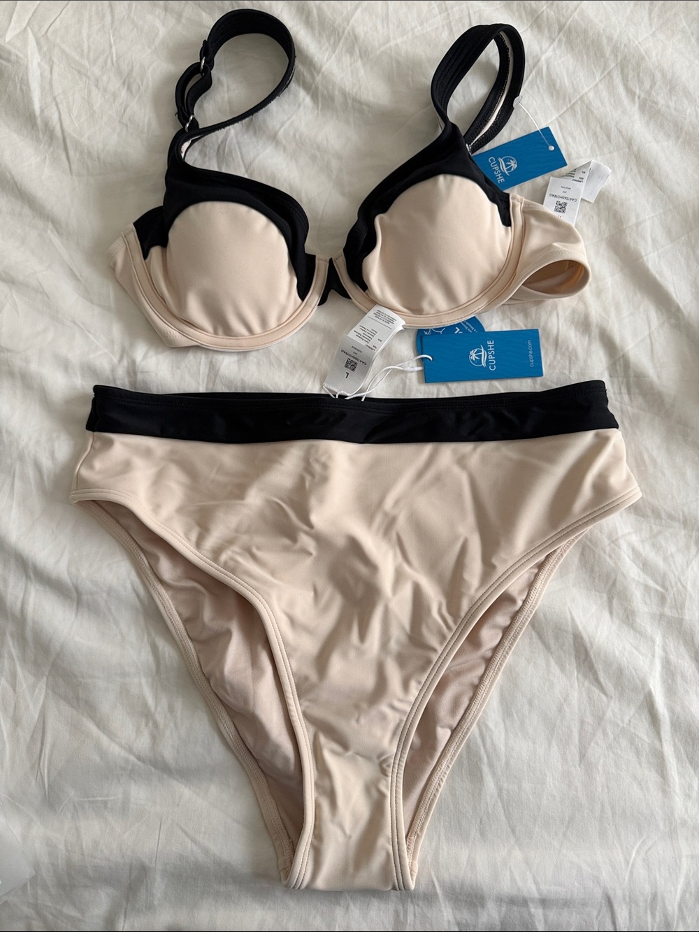 Women's Two-Piece Beige and Black Contrast Bikini - Cupshe